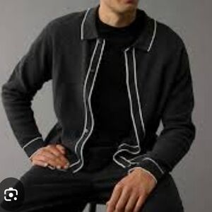 American Eagle Long Sleeve Collared Polo Shirt Sweater Gray And White Size Large